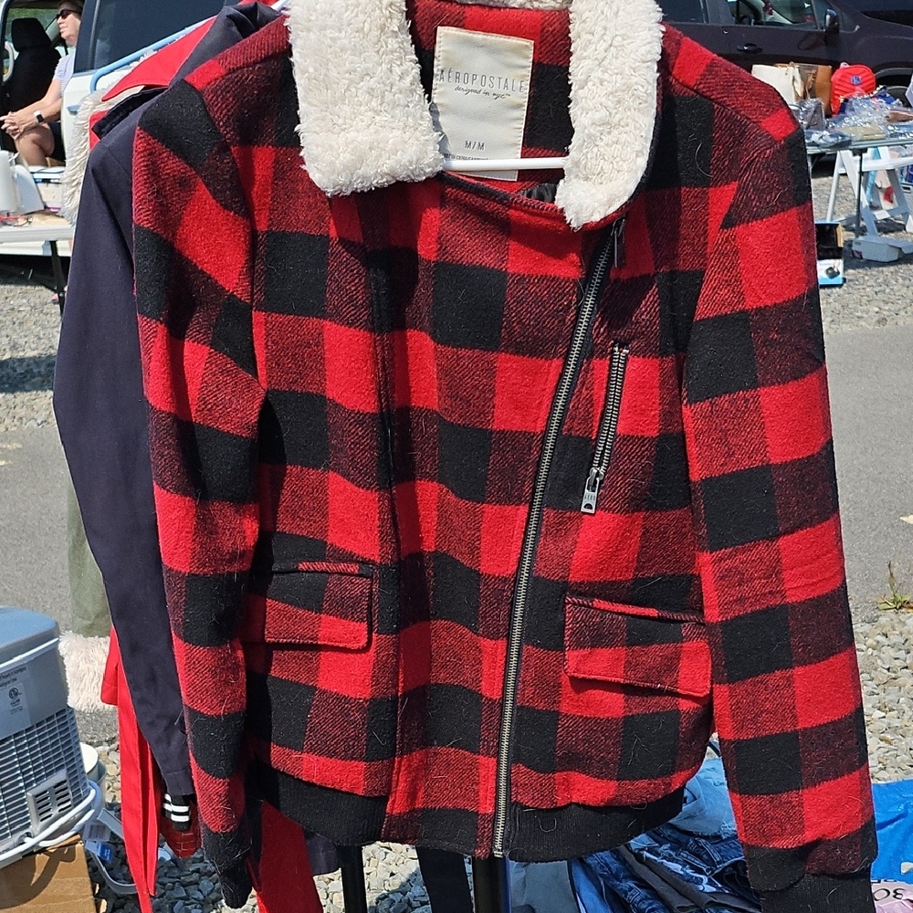 Aeropostale Red and Black Checkered Jacket with Sherpa Collar